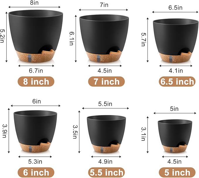 QRRICA Plant Pots 8/7/6.5/6/5.5/5 Inch Self Watering Pots, with Drainage Holes and Saucers,Water Level Indicator & Deep Reservoir,Large Plastic Planter for Indoor Out Door Plants (Black)
