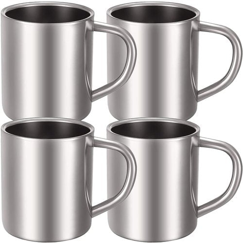 Cunhill 4 Set 10oz/300ml Stainless Steel Coffee Mug with Handle Metal Double Walled Cups Camping Mug Dishwasher Safe Tea Cups for Home Camping Travel Outdoors RV Keep Drinks Hot