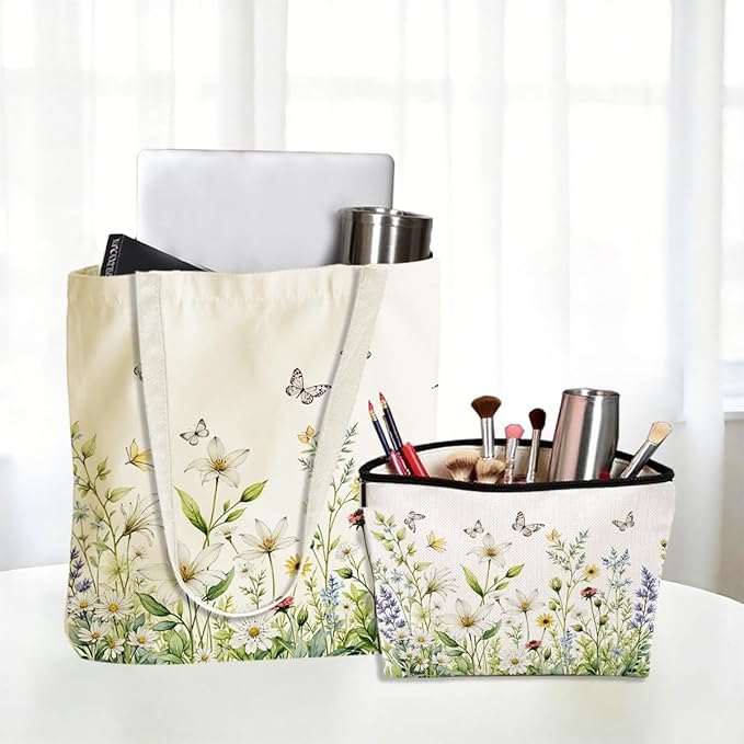 Flower Plant Lover Gifts for Women Canvas Tote Bag with Makeup Bag Cosmetic Bags Grocery Bags for Shopping Christmas