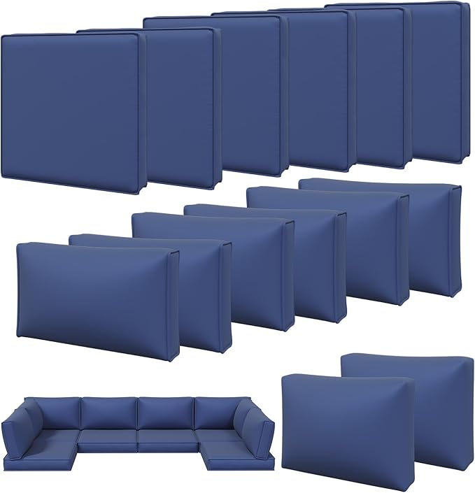 Aoxun 14pcs Patio Cushion Covers Replacement, Waterproof Outdoor Furniture Cushion Covers with Zipper and Non-Slip Bottom, Patio Sofa Couch 3 Sizes for Patio Sectional, Covers Only (Navy)