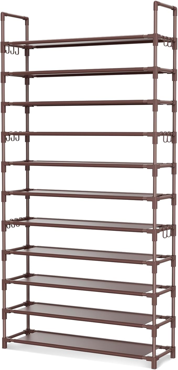 LANTEFUL 11 Tiers Tall Shoe Rack Holds 55 Pairs of Shoes with 18pcs Hooks Sturdy Wide Shoe Organizer Storage Free Standing Metal Shoe Shelf for Closet, Entryway Brown