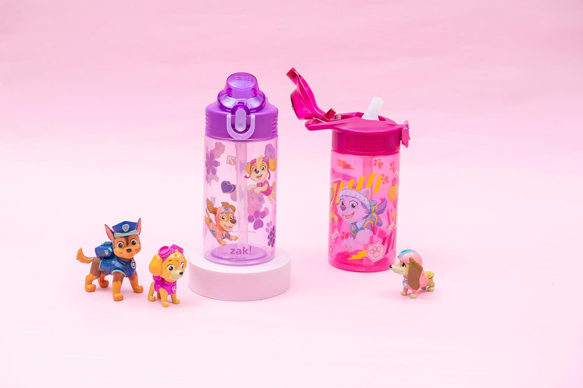 Zak Designs PAW Patrol Sage Kids Water Bottle For School or Travel, 16oz Durable Plastic Water Bottle With Straw, Handle, and Leak-Proof, Pop-Up Spout Cover, 2-Pack Set (Skye & Friends)