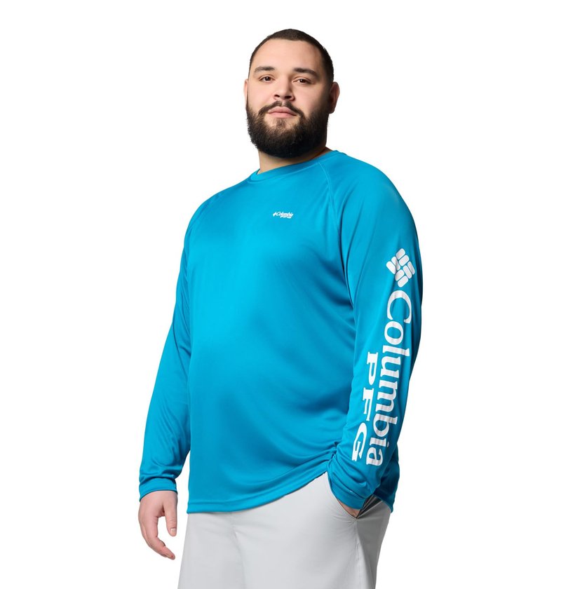 Columbia Men's PFG Terminal Tackle Long Sleeve Fishing Shirt, Blue Echo/White Logo, 1X