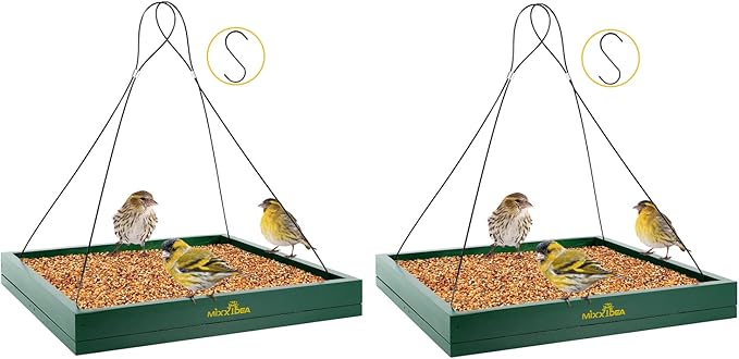 MIXXIDEA Bird Feeder Hanging Tray, Wooden Platform Hummingbird Feeder Hanging Tray Mesh Seed Platform for Garden Yard Outside Decoration Attracting Wild Birds (Green-2pk)