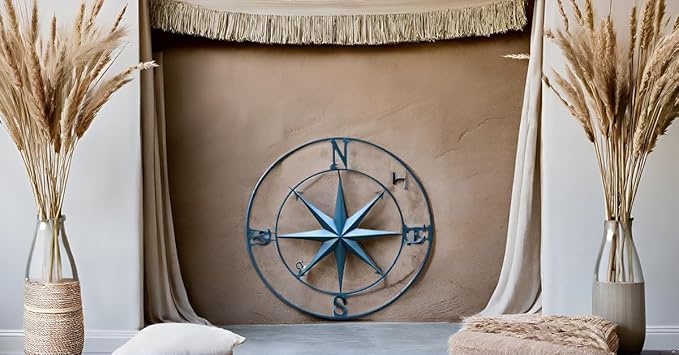 Nightclawing Nautical Compass Wall Decor, Coastal Nautical Beach Decor, Porch Patio Travel Adventure Wall Hanging, 41",Indigo