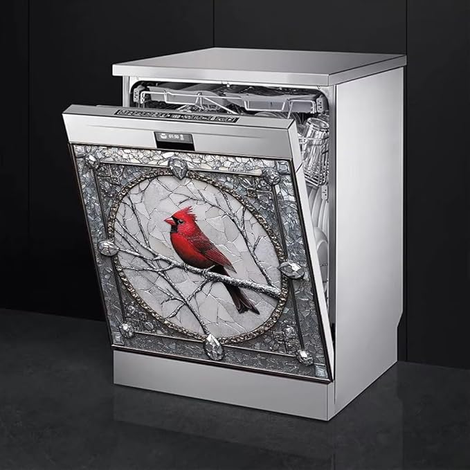 Cardinal Magnet Dishwasher Door Cover Retro Silver Gray Vinyl Panel Decal, Refrigerator Magnetic Skins Cover Reusable Dishwasher Sticker, 23" x 26" Magnetic