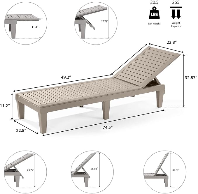 Nestl Lounge Chair Outdoor, Tanning Chair, Chaise Lounge Outdoor Set of 4 | 5 Adjustable Positions, Waterproof & Weatherproof Resin, Reclining & Lightweight, For Poolside, Beach, and Lawn, Sand Beige