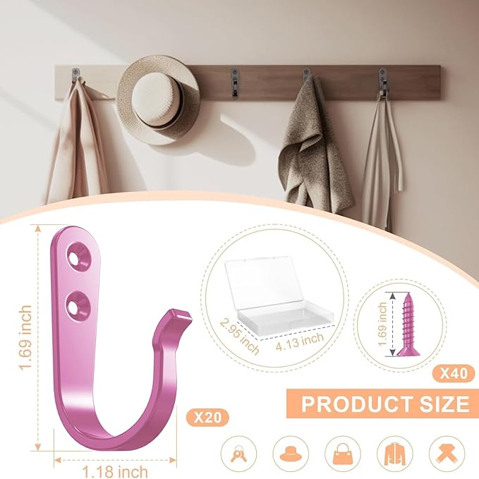 BREYDROK 20PCS Pink Heavy Duty Single Prong Metal Wall Hooks
