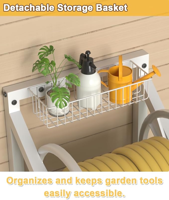 Artigarden Triangle Wall Mounted Garden Hose Reel, Outdoor Heavy-Duty Water Hoses Holder Winder, Holds 125 Ft of 5/8-Inch Hose, with 3.9 ft Leader Hose, Brass Fitting, Storage Basket for Yard, White