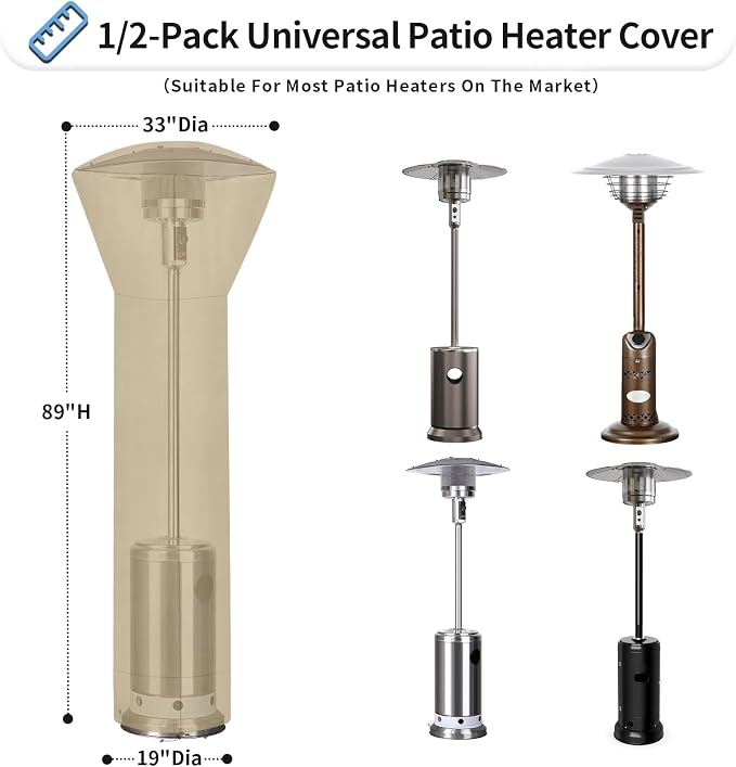OutdoorLines Waterproof Outdoor Patio Heater Covers with Zipper and Storage Bag, Dust-proof UV-Resistant Windproof Propane Heavy Duty Heater Cover for Standing Heater, 2 Packs-89Hx33Dx19B inch Camel