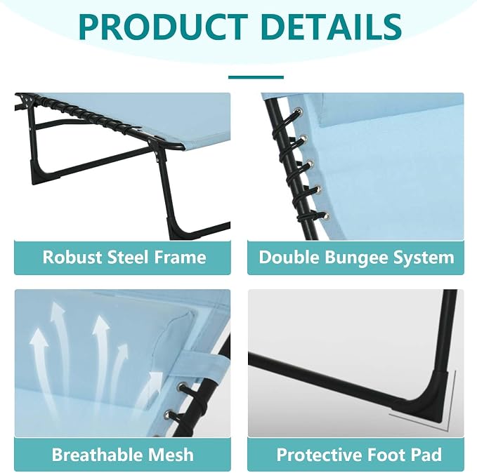 Portable Foldable Sun Tanning Chair, Heavy Duty Adjustable Folding Laying Out Chairs for Tanning, Beach Lounge Chairs for Adults for Outdoor Sunbathing Patio Pool Lawn Camping Deck (Blue 2)