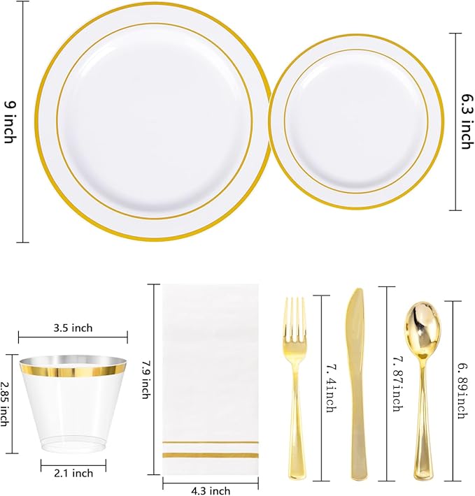 GATHER 350PCS Gold Plastic Plates - White and Gold Disposable Plastic Dinnerware Set Include 50 Dinner Plates, 50 Dessert Plate, 150 Silverware, 50 Napkins, 50 Cups for Party & Wedding & Christmas