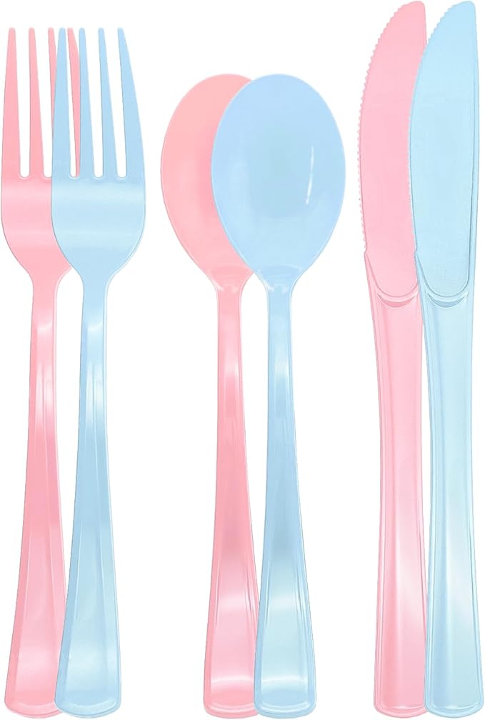 150 Pcs Pink and Blue Silverware Heavy Duty Pink and Blue Plastic Cutlery - 50 Plastic Forks, 50 Knives, 50 Spoons for Birthday, Baby Shower, Gender Reveal