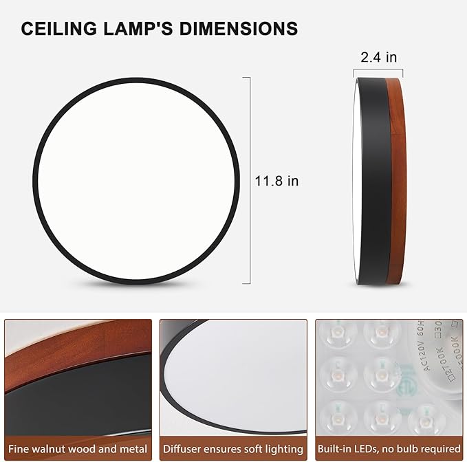 LED Ceiling Light Dimmable, Black and Wood Flush Mount Ceiling Light Fixture 5CCT in One, Minimalist Round Ceiling Lamp Modern Lighting for Kitchen, Bedroom, Hallway, Laundry Room, 11.8 Inch
