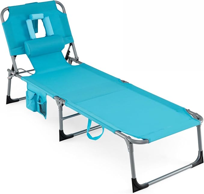 COSTWAY Tanning Chair with Face Hole, Folding Beach Lounge Chair | 4-Position Adjustable Backrest, Pillow & Side Pocket for Sunbathing, Camping (Turquoise)