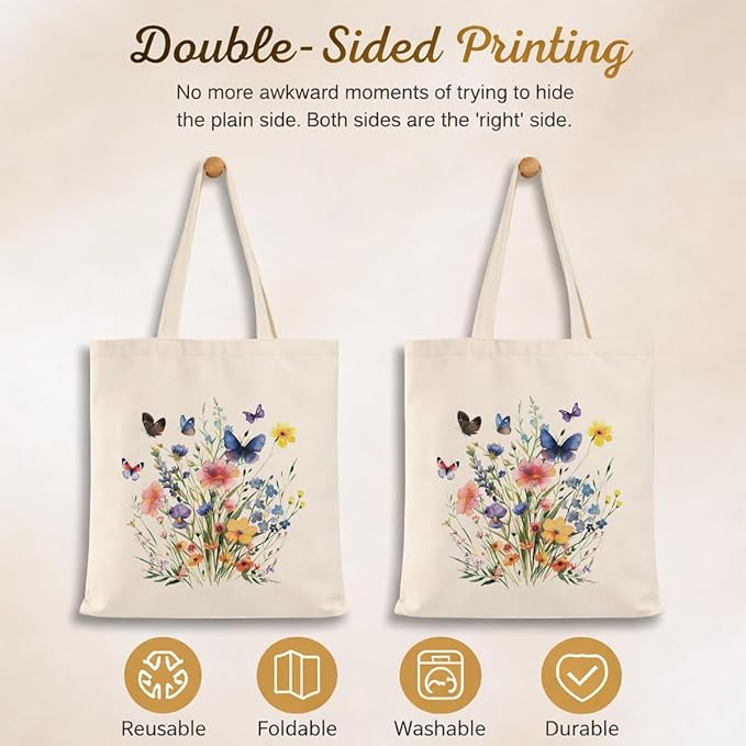 Floral Canvas Tote, Women Weekend Bags, Reusable Grocery Canvas Bag, Large Two Sided Printing Tote Bags