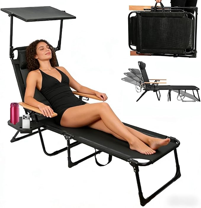 Folding Lounge Chair with Adjustable Canopy, Portable Sun Lounger with 4-Position Reclining Back, Outdoor Chaise Lounge with Arms, Tanning Chair for Beach Poolside Backyard Camping, 440LBS (Black B)