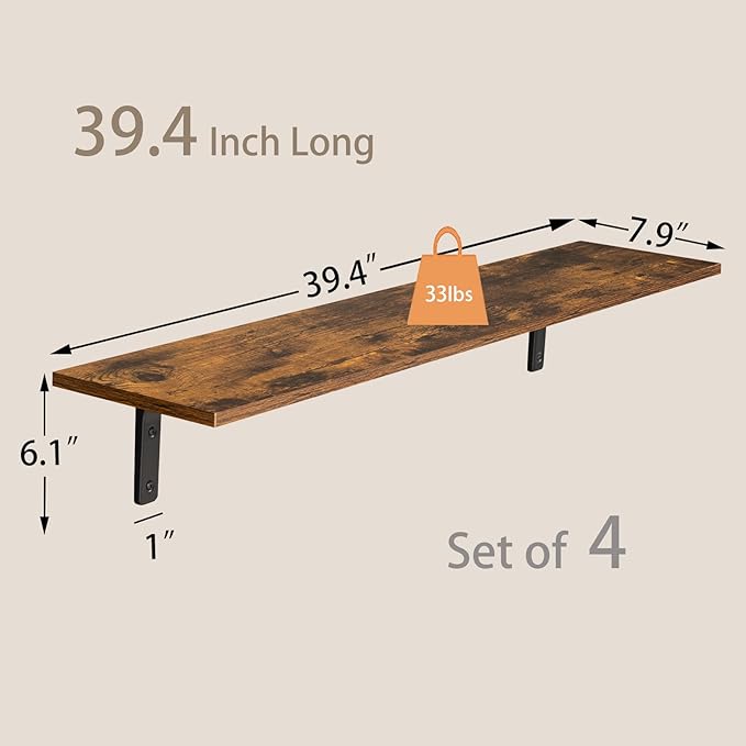 DINZI LVJ Long Wall Shelves, 39.4Inch Wall Mounted Shelves Set of 4, Extra