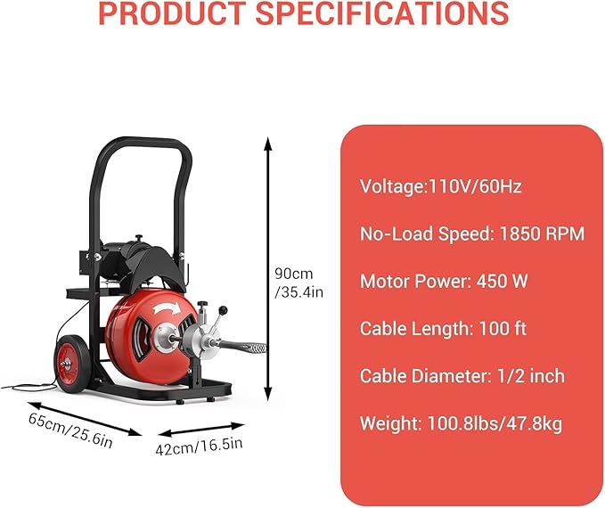 100Ft 1/2 Inch Drain Cleaning Machine, 450W Portable Drain Cleaning Machine Auto Feed Electric Sewer Snake, Electric Drain Auger with 6 Cutter Air-Activated Foot Switch for 2" to 4" Pipes