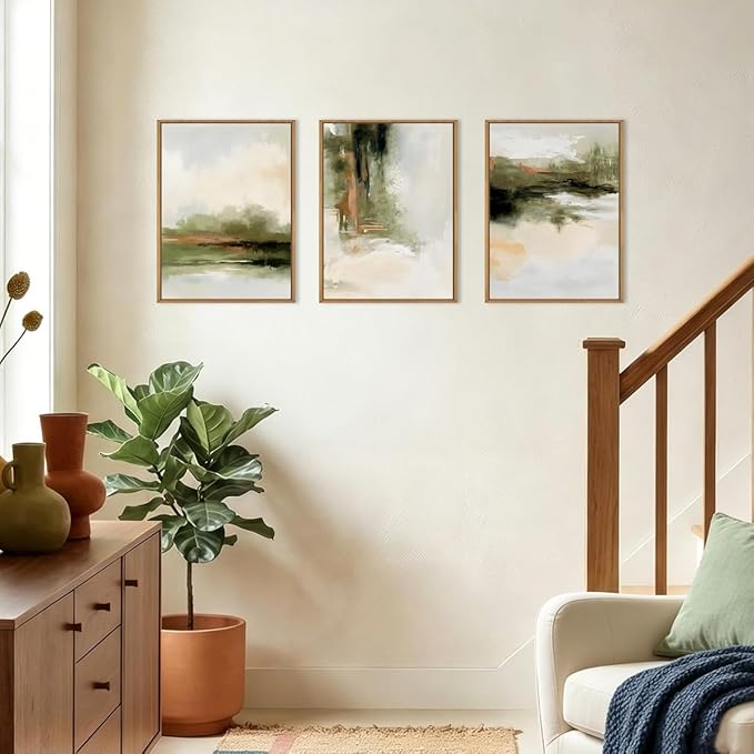 KAIRNE Green Abstract Neutral Framed Canvas Wall Art Set,Modern Watercolor Shapes Wall Decor,Minimalist Pastel Art Prints,Brown Gray Tan Artwork for Living Room,Bedroom,Farmhouse,Office-12 x16 x3