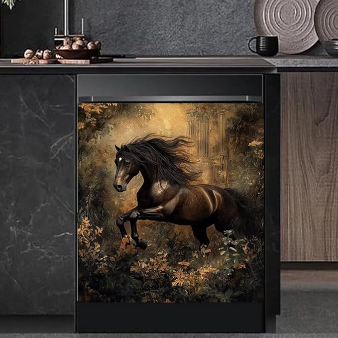 Black Horse Kitchen Decor Dishwasher Magnet Cover Decal, Rustic Magnetic Dish Washer Panel Door Vinyl Sticker, Refrigerator Magnets,Easy to Clean, 23 x 26 inch