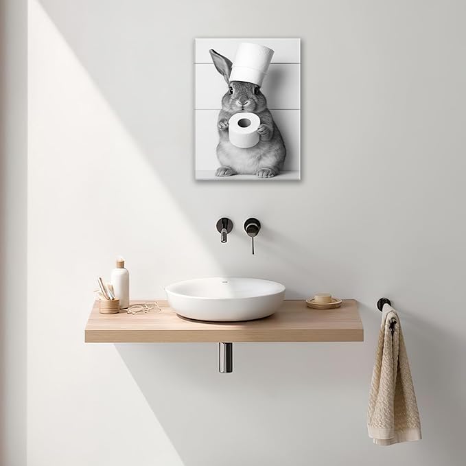 Bunny Bathroom Wall Art, Rabbit Pictures Wall Decor, Animal Canvas Prints Painting, Framed Artwork For Bathroom Living Room Bedroom Office Dining Room 16"X12"