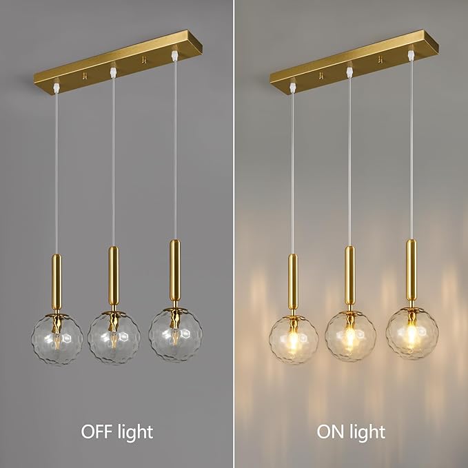 Mid Century Globe Pendant Light with Clear Glass for Kitchen Island Modern Gold Finish Hanging Light Fixture Retro Round Pendant Lighting for Living Room Bedroom Entryway(3-Light)