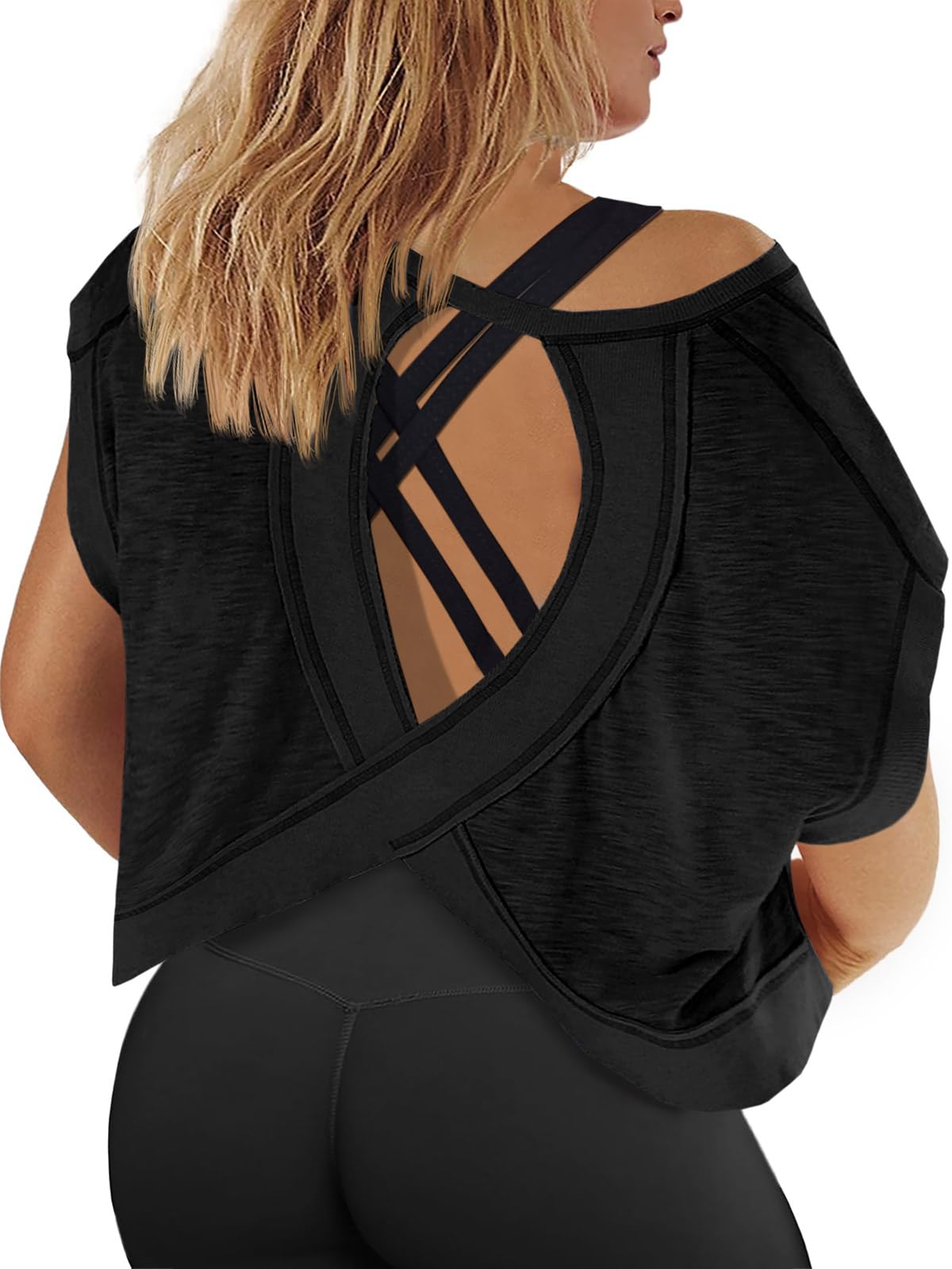 Fisoew Womens Plus Size Open Back Workout Tops Black