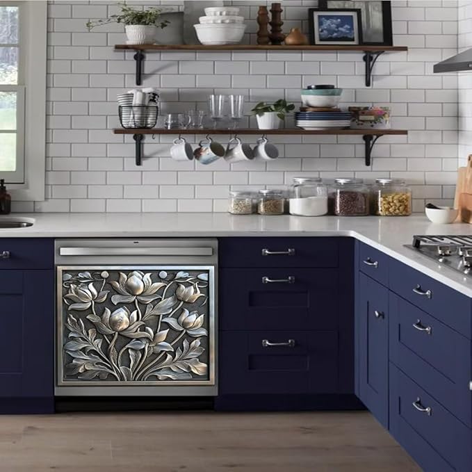 Dishwasher Magnet Cover Stainless Steel Look Flower Dishwasher Front Panel Decorative, Magnetic Appliance Cover Kitchen Decor Home Refrigerator Magnets Sticker 23" W x 17" H