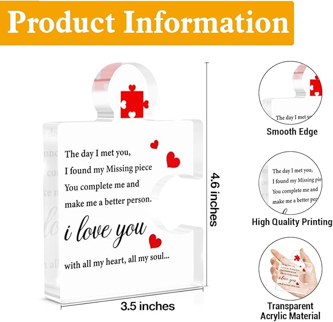 I Love You Gifts for Her Him, Romantic Gifts for Girlfriend Boyfriend Wife Husband Valentine's Day Birthday Christmas, Missing Piece I Love You Couples Gift Acrylic Plaque Sign Home Office Decor