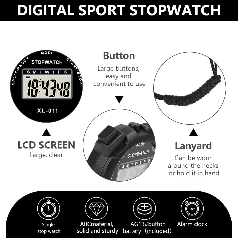 Vicloon Digital Sports Timer - Large Display Stopwatch with Single Lap Split & Alarm | Black