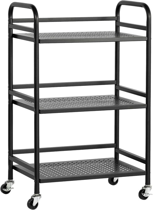 HDANI 3 Tier Rolling Cart,Heavy Duty Multifunctional Metal Frame-Supports 22 Lbs Per Tier,Rolling Cart with 2 Lockable Wheels for Office,Home,Bedroom,Kitchen,Bathroom (Black)…