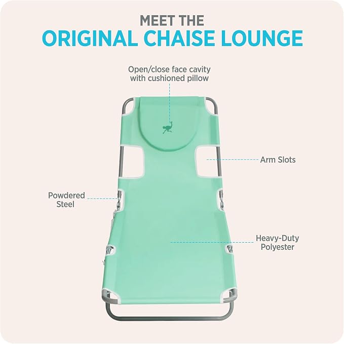 Ostrich the Original Chaise 72 x 22 Inch Lounge Portable Reclining Lounger, Outdoor Patio, Beach, Lawn, Camping, or Pool Tanning Chair, Teal