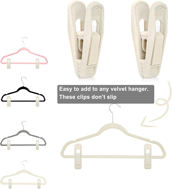 Beige Velvet Hangers Clips (80-Pack), Non-Slip Strong Velvet Clips for Velvet Skirt Hangers, Velvet Pants Hanger Velvet Clips Fit for Thin Velvet Clothes Suit Hangers