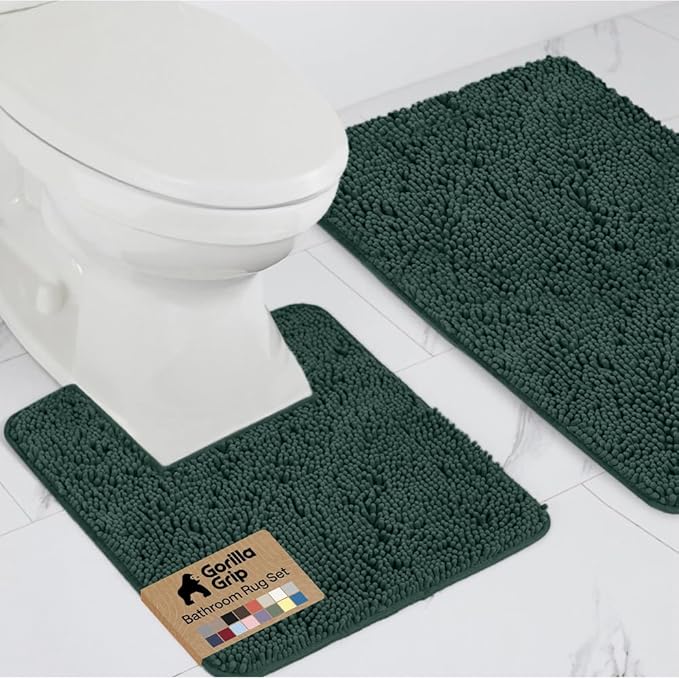 GORILLA GRIP Bathroom Rug Sets, Soft Chenille 2 Piece Area Rugs Set, Toilet Base Mat and 30x20 Carpet, Absorbent Microfiber Washable Mats Dry Quickly, Home Décor and Bath Room Accessories, Hunter