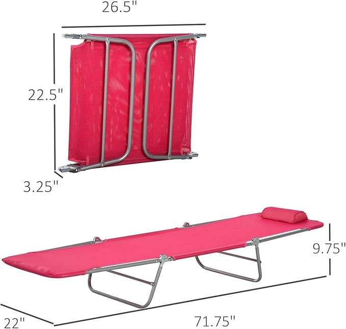Outdoor Chaise Lounge with Detachable Pillow, Reclining Folding Chair with 5-Position Adjustable Back, Portable Tanning Chair for Beach, Pool, Lawn, Breathable Mesh Seat, No Assembly