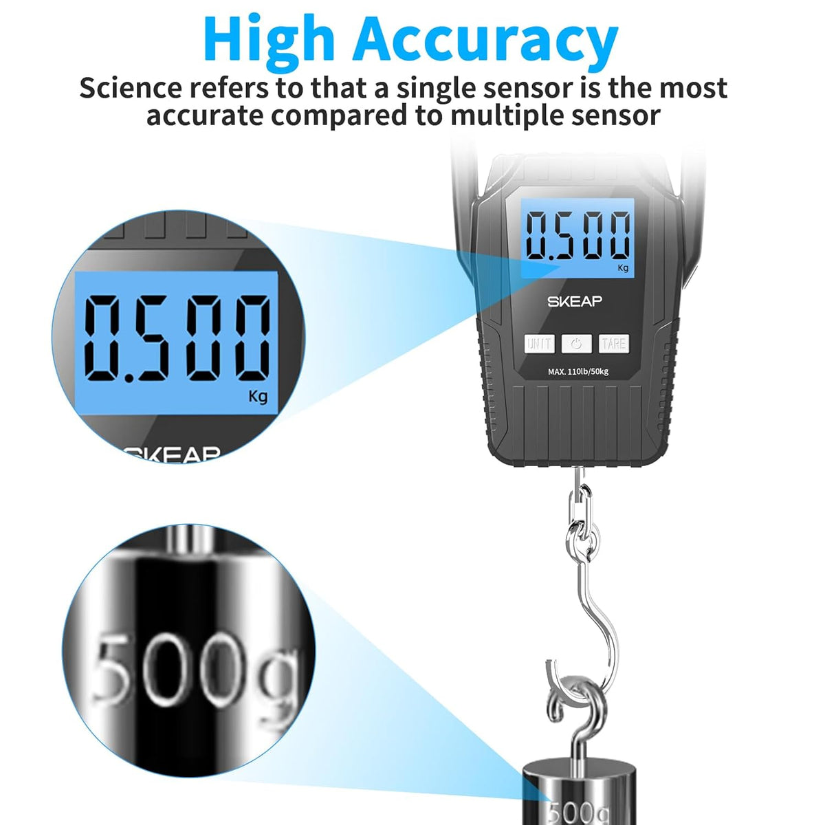 SKEAP Digital Fish Scale - 110lb Capacity | Backlit LCD Display & Large Handle - Black