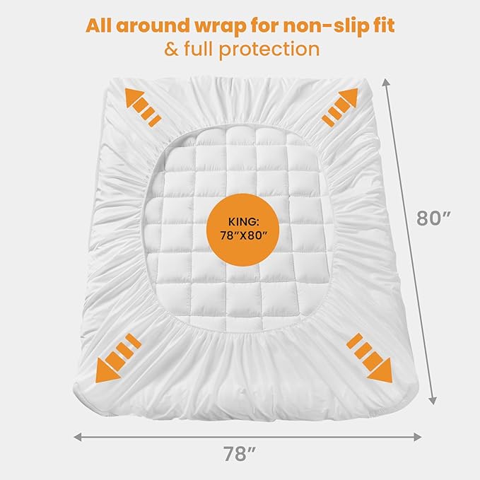 MATBEBY King Size Mattress Pad - Cooling Breathable Mattress Topper, Quilted Fitted Mattress Protector, Pillow Top Mattress Cover with 8-21" Deep Pocket, Soft, Machine Washable, White, 78x80 Inches