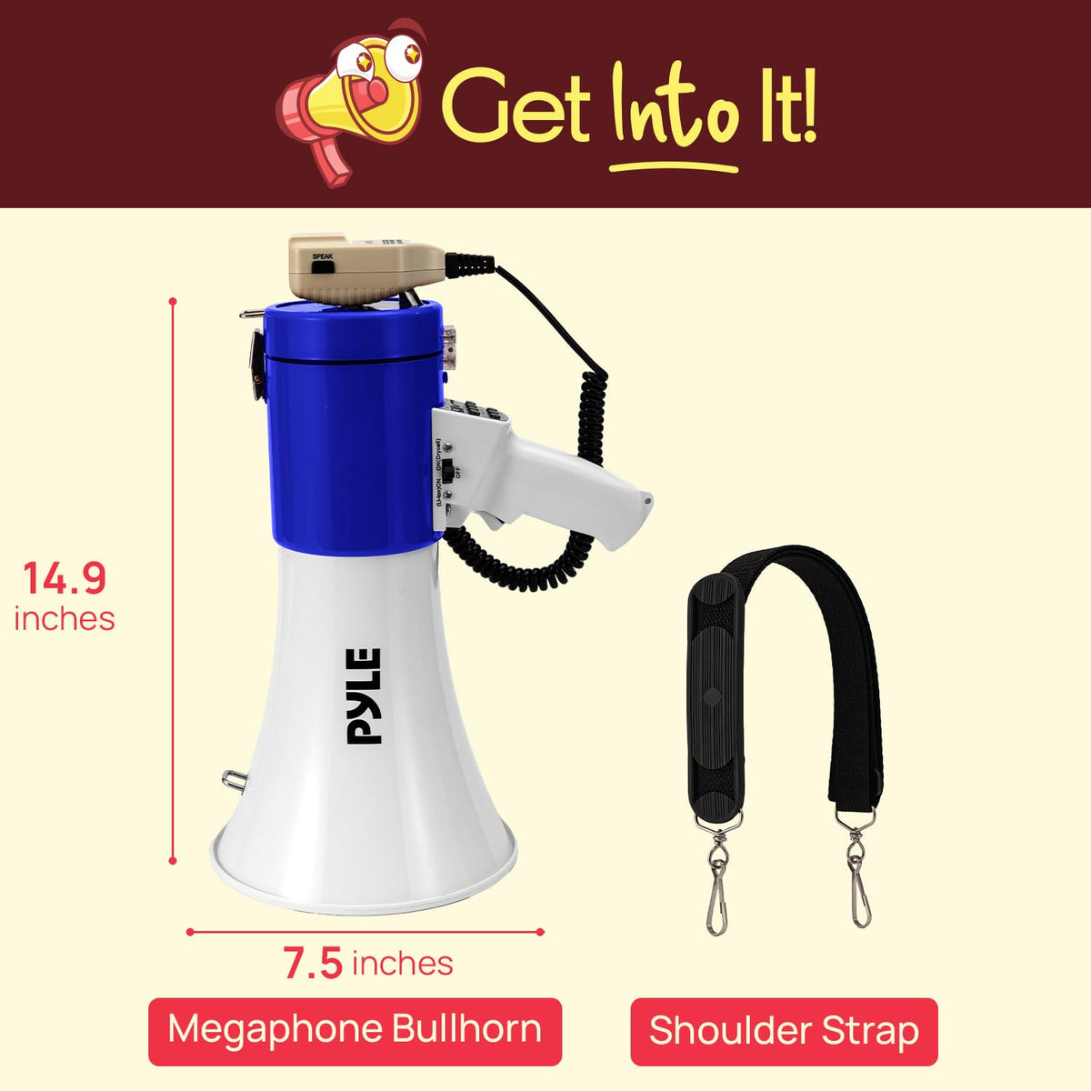 Pyle 50W Megaphone Bullhorn Speaker – Portable Bluetooth, Alarm Siren, Adjustable Volume up to 1700 Yards, Aux Input, USB/TF Playback, for Indoor/Outdoor Activities, Sports, and Emergency Drills –Blue