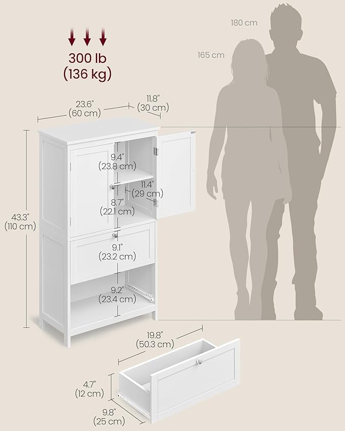 VASAGLE Bathroom Floor Storage Cabinet, Bathroom Storage Unit, Freestanding Cabinet with 2 Drawers and 2 Doors, Adjustable Shelf, 11.8 x 23.6 x 43.3 Inches, White UBBC551WH01S