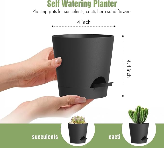 WSMKSZ 4 inch Self Watering Pots for Indoor Outdoor Plants, 6 Pack Plastic Flower Planters with Drainage Holes and Removable Saucers, Plant Pots with Wicking Rope, Modern Decor, Black