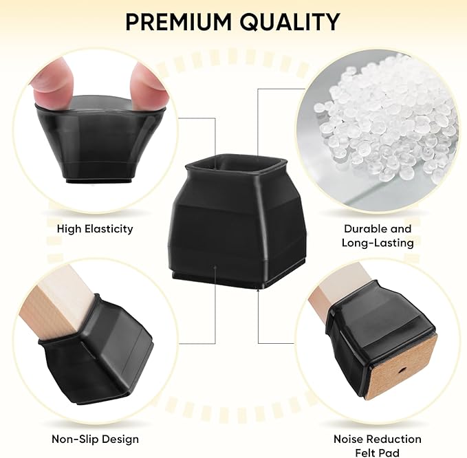 BALEINE 16 Pack Silicone Chair Leg Floor Protectors, Stool Leg Protectors Cap, Non-Slip Chair Leg Caps for Hardwood Floors (Black & Small (Square), 16 Pack)