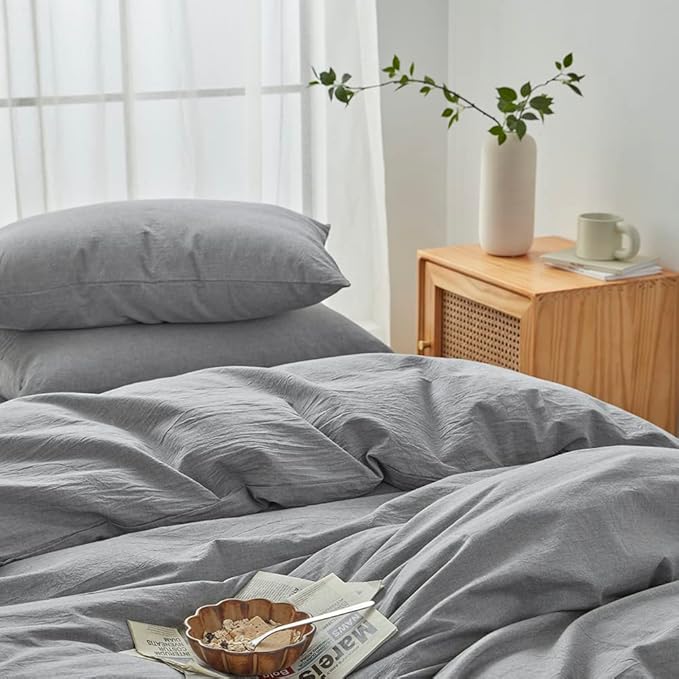 FACE TWO FACE Bedding Duvet Cover Set100% Washed Cotton Duvet Cover Linen Like Textured Breathable Durable Soft Comfy (Queen, Light Grey)