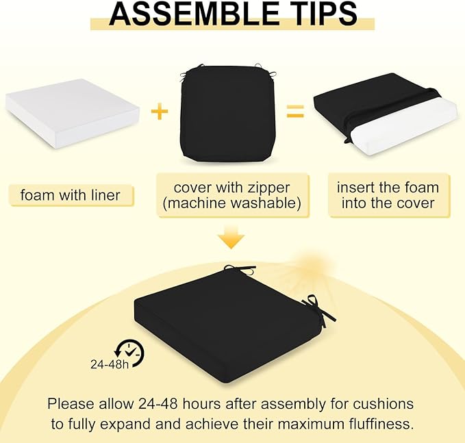 downluxe Waterproof Outdoor Chair Cushions for Patio Furniture, 18" x 18" x 2" Patio Chair Cushion with Adjustable Ties & Portable Handle, Square Outdoor Cushion with Removable Cover, Black, 2 Pack