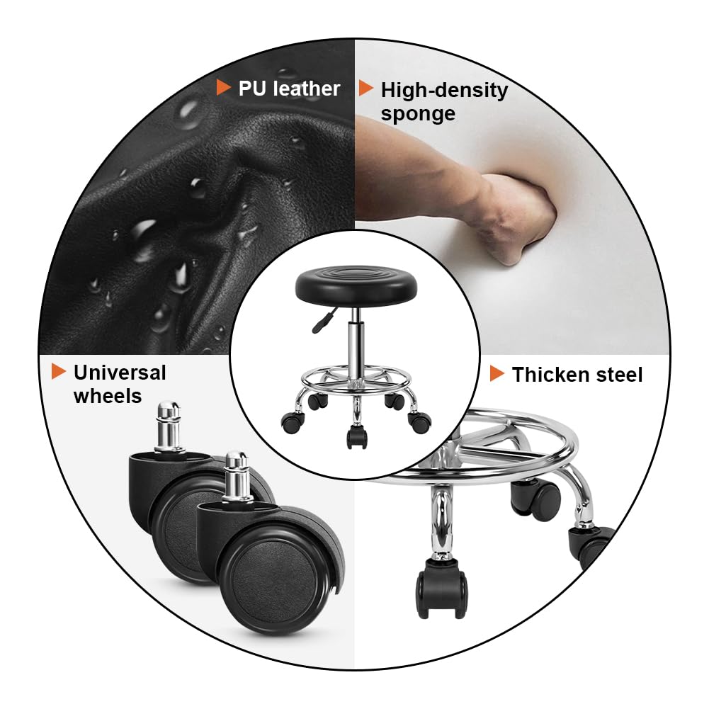 KKTONER PU Leather Modern Round Rolling Stool with Footrest Height Adjustable Spa Drafting Salon Tattoo Work Massage Stools Task Chair Small (Black)