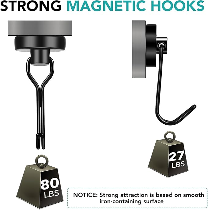 DIYMAG Black Magnetic Hooks, 80LBS Strong Magnetic Hooks Heavy Duty, Strong Magnet Hooks with Metal Hanger for Hanging Refrigerator Home Kitchen Office, 4Pack