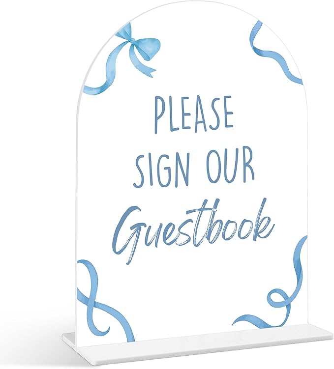 Please Sign Our Guestbook Sign - Blue Bow Baby Shower Sign, 1 Pack Arch Acrylic Sign with Stand, Gender Reveal Party Table Decor, Blue Baby Shower Supplies (SP12)