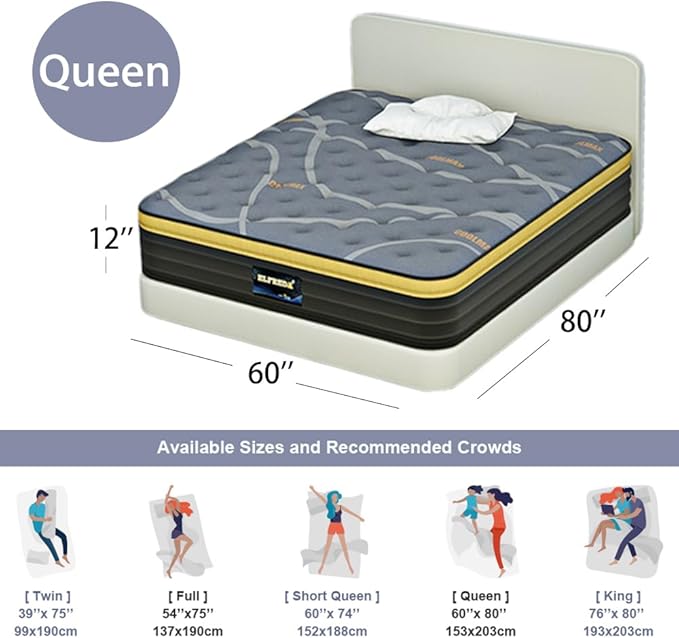 Elfreda Queen Mattress, 12 inch Pillow Top Innersprings Hybrid Mattress, Memory Foam and Pocket Spring Firm, Supportive & Pressure Relief Queen Size Bed in a Bag