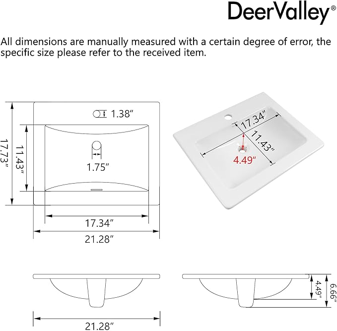 DeerValley 21"x18" Drop-In Bathroom Sink Ceramic Rectangle Vessel Sink with Overflow Vanity Bathroom Vessel Sink Bowl