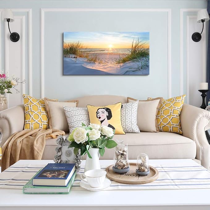 Wall Art For Living Room Large Size Wall Decorations Pictures Blue Sun Beach Grass Ocean Landscape Painting Office Wall Decor Canvas Prints Ready To Hang For Home Decoration Works Of Art 24" X 48"